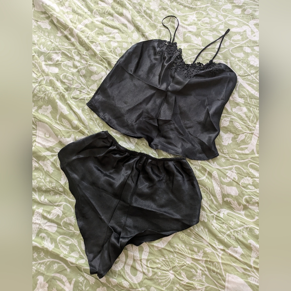 Victoria's Secret Black Satin Lace Pajama Set